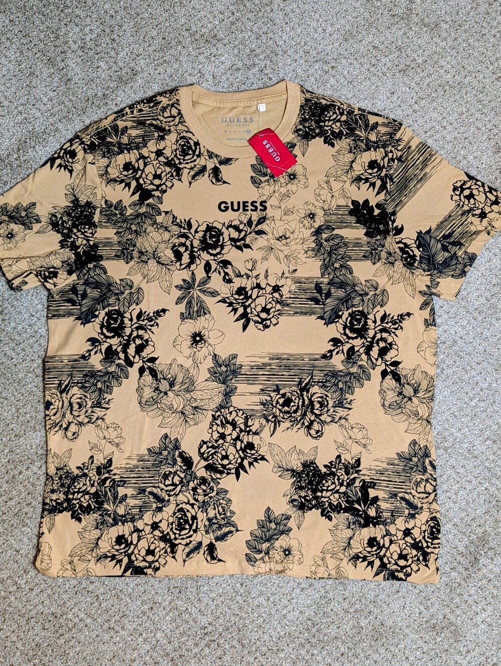 GUESS Flocked Floral T Shirt XXL Black Tan